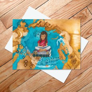 Greeting card of a girl sitting on a stack of books with images from stories surrounding her, including a sea turtle, unicorn, dragon, stars, mountains, and sunset