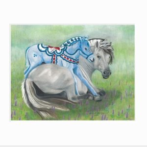 Giclee print of gray fjord horse mare with blue dala horse foal