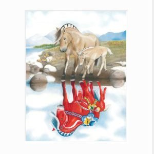print of Norwegian fjord horse and foal gazing at their dala horse reflections