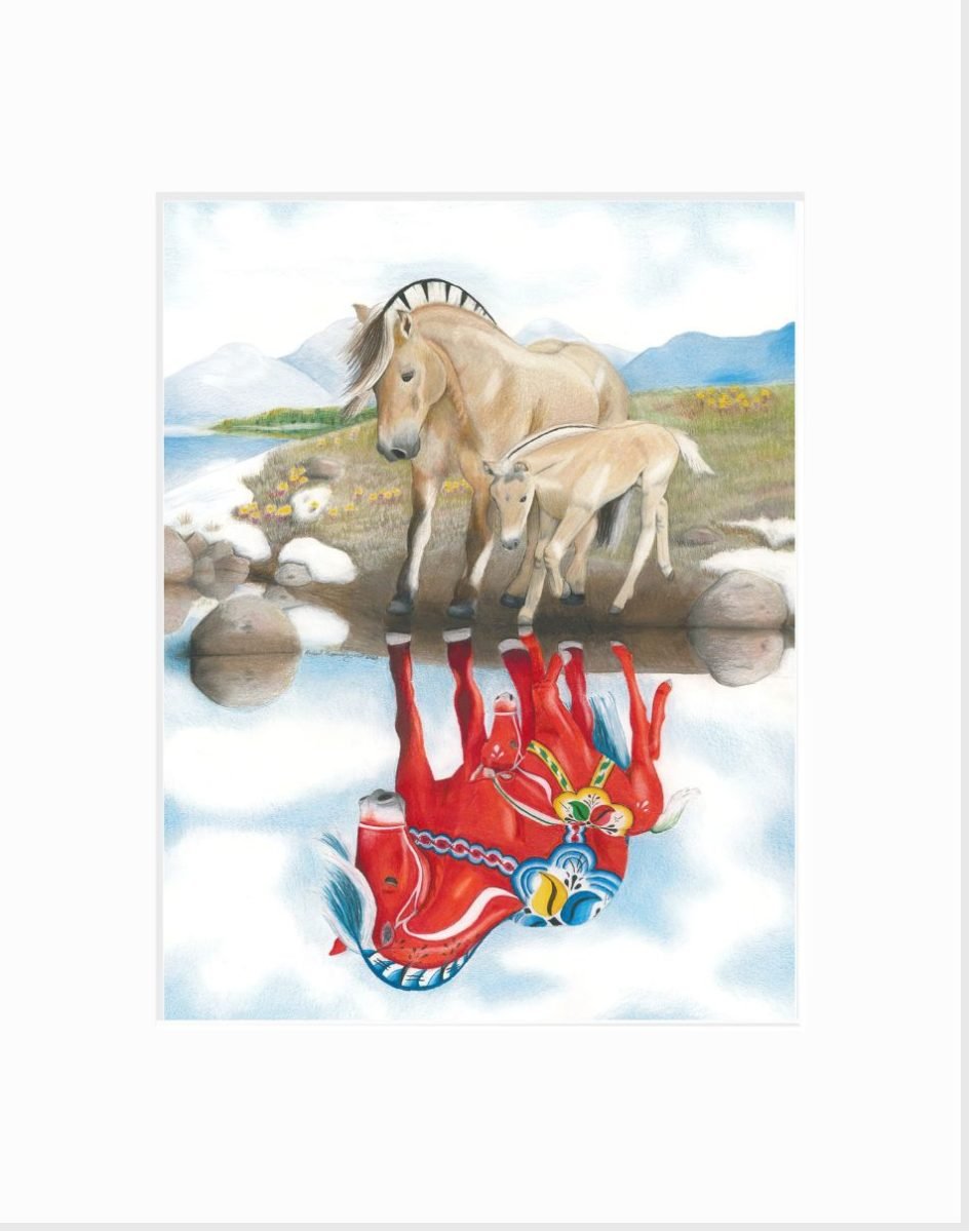 print of Norwegian fjord horse and foal gazing at their dala horse reflections