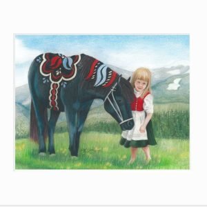 Little Swedish girl stands shyly next to a black dala horse