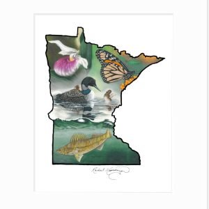 Giclee print of Minnesota state outline with the state bird, loon, flower, lady slipper, butterfly, monarch, and fish, walleye