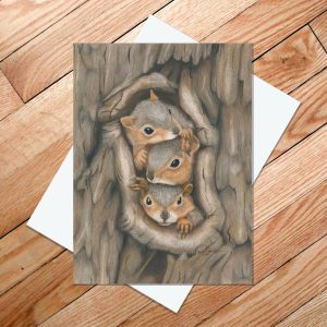 Greeting card of three fox squirrels looking out of their nest in the tree, wishing to be outside