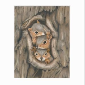 giclee print of three baby fox squirrels in various stages of irritation and boredom looking out a hole in a tree