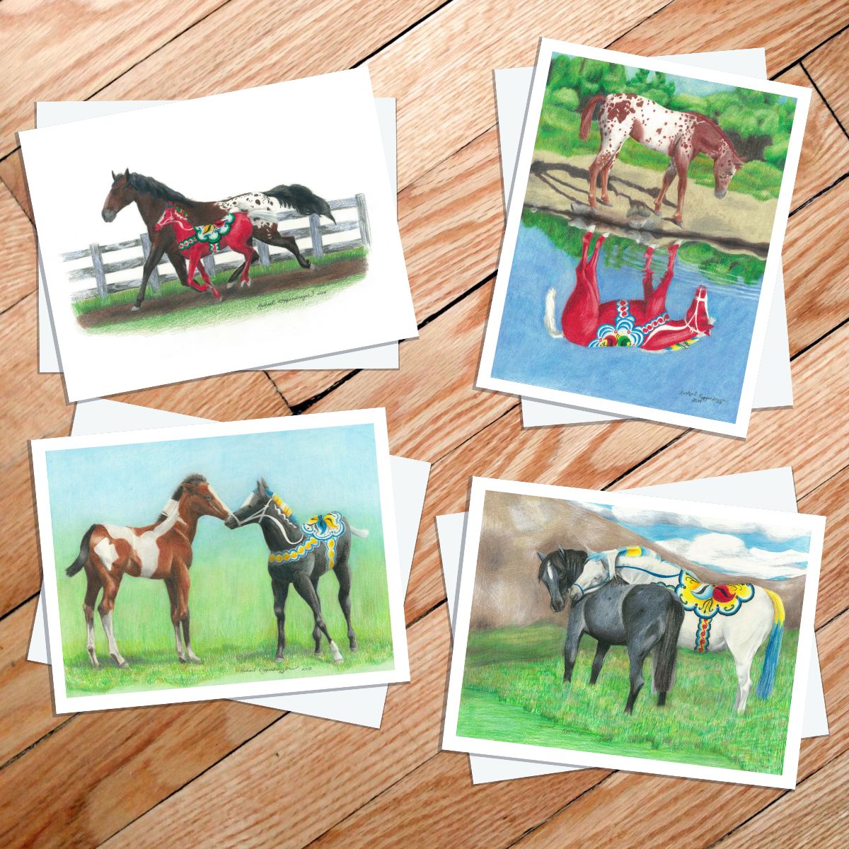 Four different notecards of Swedish dala horses