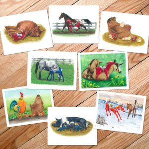 art cards of farm animals with swedish dala designs