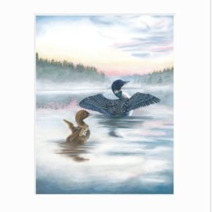 giclee print of a baby loon imitating an adult as they stretch their wings in the morning on a misty lake