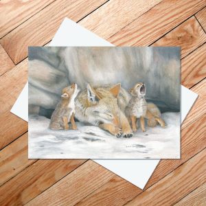 greeting card of tired coyote with howling pups