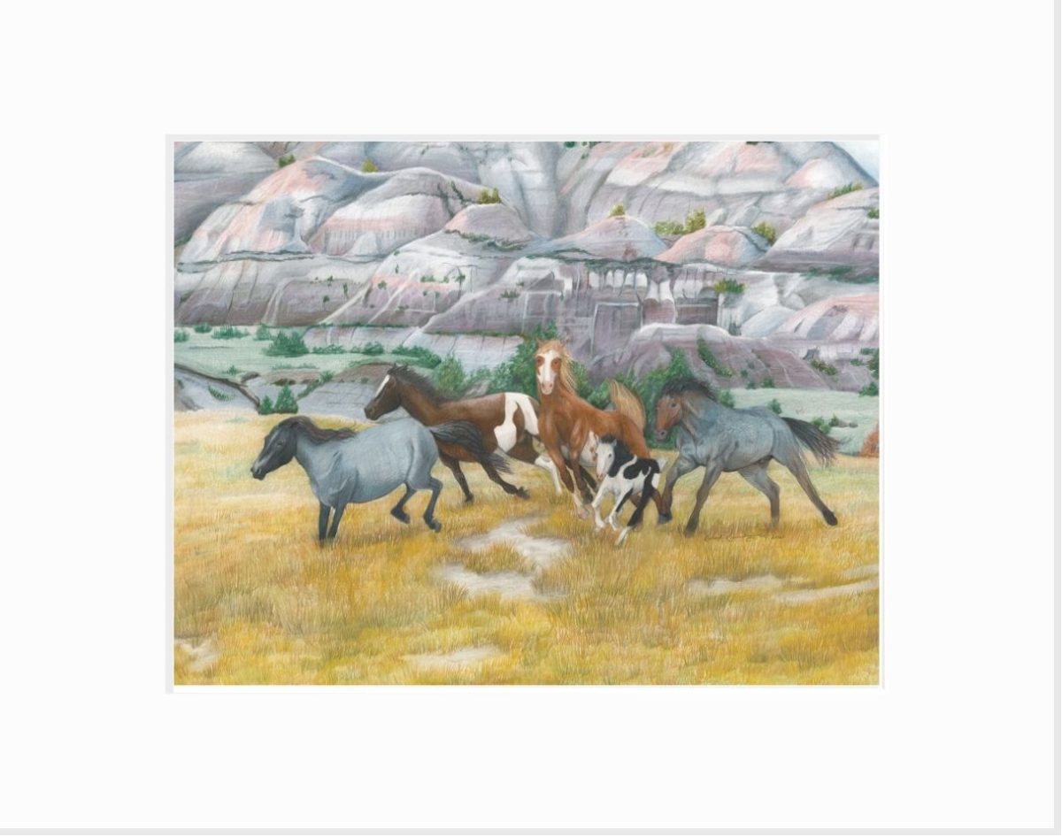 Giclee print of wild nokota horses running through North Dakota badlands