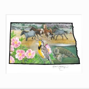giclee print of north dakota outline with meadowlark and wild prairie rose