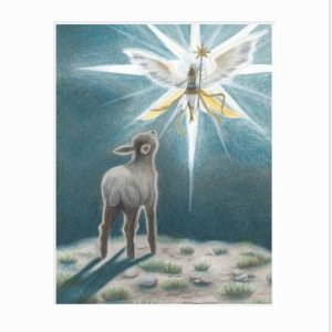 Matted print of a gray lamb looking up at an angel in the night sky