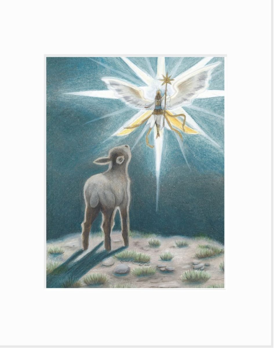 Matted print of a gray lamb looking up at an angel in the night sky