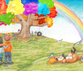Illustration of kids with a maple tree and playing woodland creatures from the book Isaac and Izzy's Magical Maples