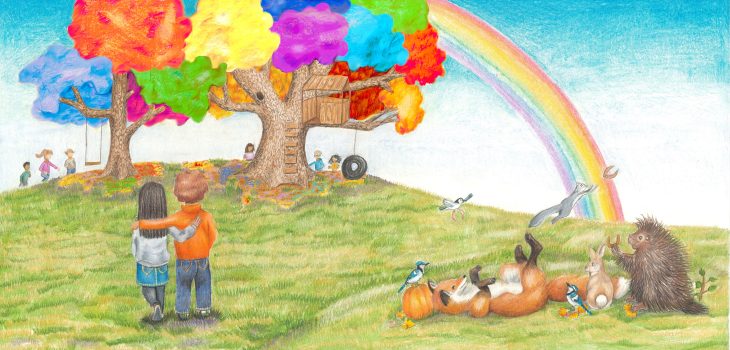 Illustration of kids with a maple tree and playing woodland creatures from the book Isaac and Izzy's Magical Maples