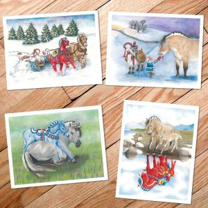 Four note cards of Norwegian Fjord horses with a Scandinavian flair