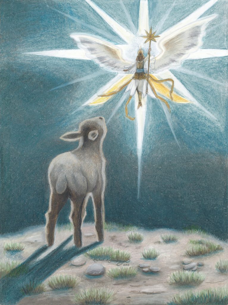 Lamb stares at an angel in the night sky