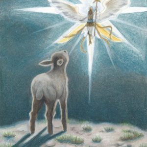 Lamb stares at an angel in the night sky