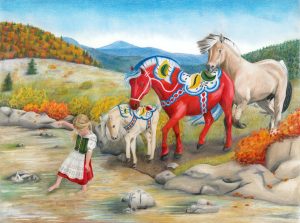 Norwegian fjord horses and dala horses follow a little Swedish girl into a stream