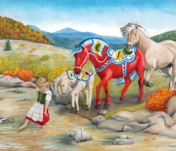 Norwegian fjord horses and dala horses follow a little Swedish girl into a stream