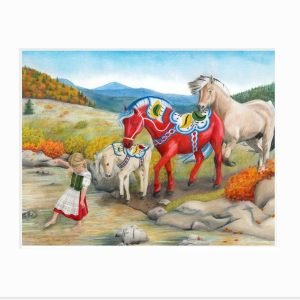 matted print of dala and Norwegian fjord horses following little Swedish girl