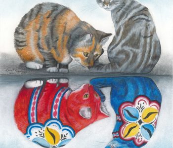 Two cats observe their reflections, which are colored in the style of a Swedish dala horse