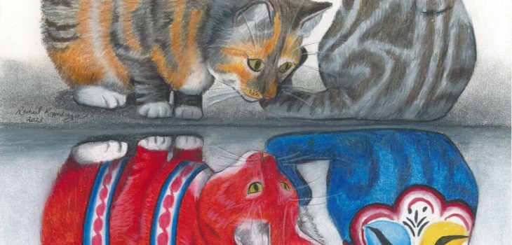 Two cats observe their reflections, which are colored in the style of a Swedish dala horse