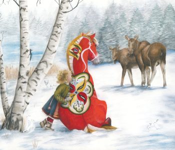 Little Swedish girl leans against dala horse as they watch moose and the nature watches them