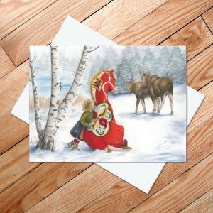 greeting card of a little Swedish girl and dala horse watching nature in a wintery scene