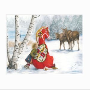 Giclee print of a little Swedish girl and Dala Horse watching moose