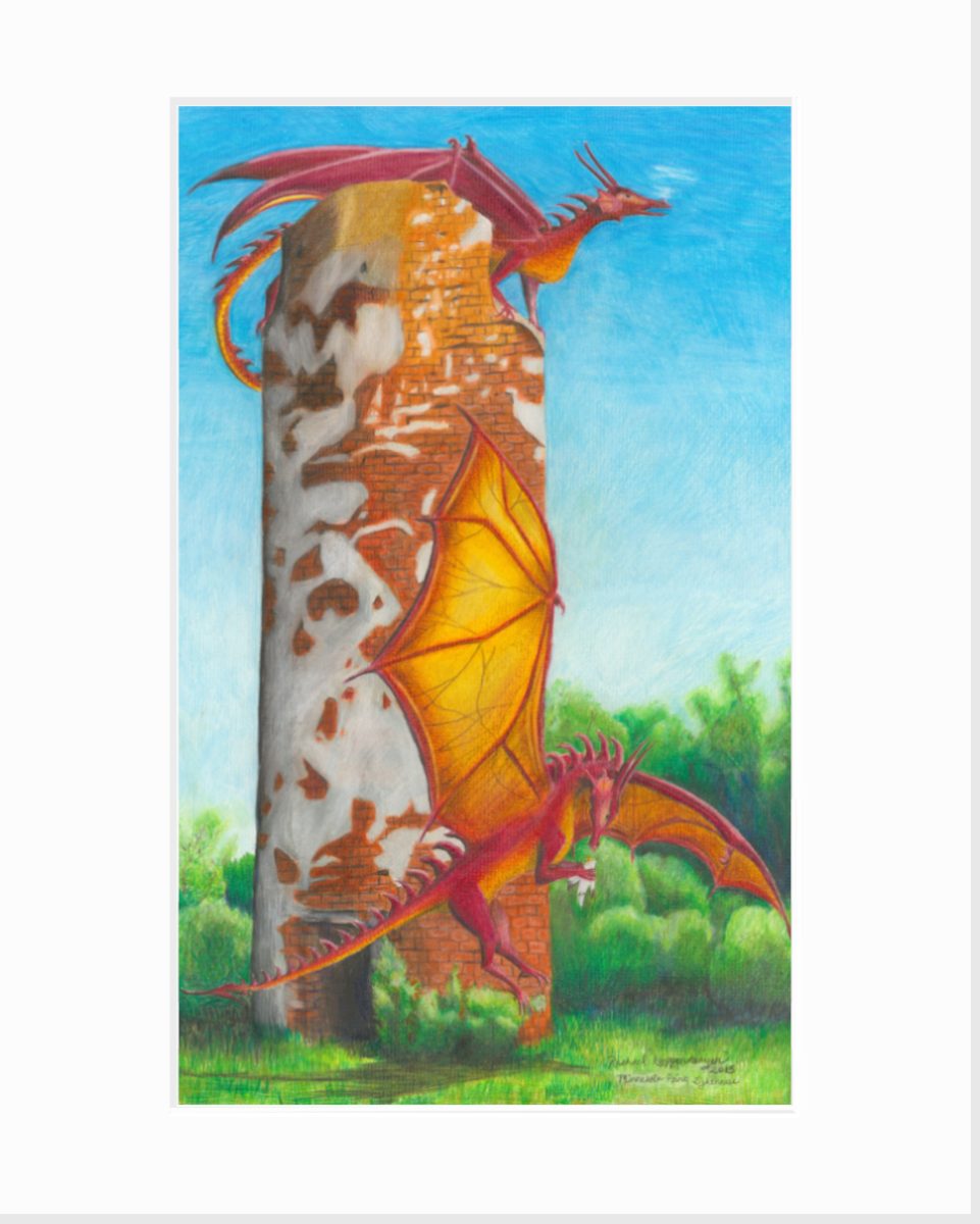 giclee print of two dragons hunting seagulls from the ruins of the Minnesota Point Lighthouse