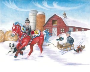 A boy riding a dala horse pulls his brother on a sled