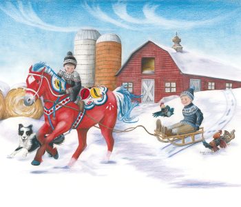 A boy riding a dala horse pulls his brother on a sled