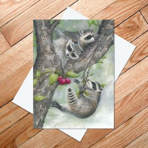 greeting card of three thieving baby raccoons