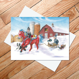 greeting card of two boys sledding with a dala horse in a farm scene