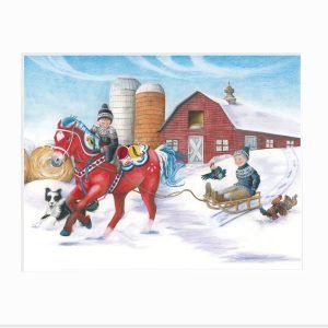 Giclee print of little boys sledding with a dala horse