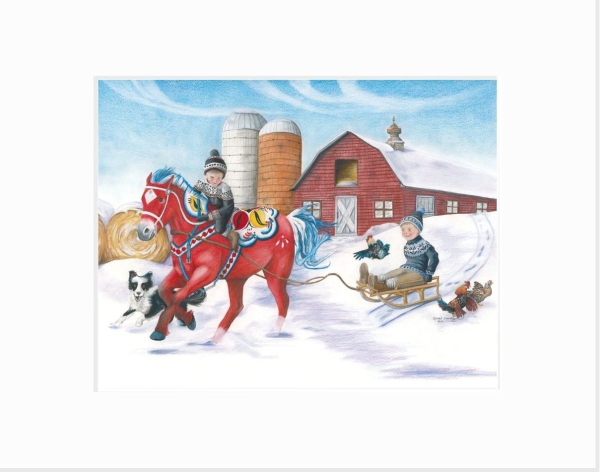 Giclee print of little boys sledding with a dala horse
