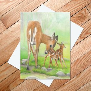 greeting card of mama deer helping her fawn to stand