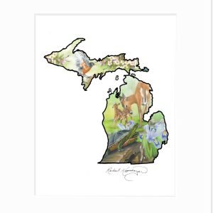 Giclee print of the outline of Michigan, filled with state symbols deer, robin, apple blossom, iris, and turtle
