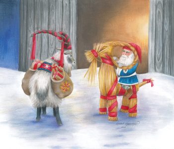 Yule Goat glares at the Tomte as he sits on a straw yule goat