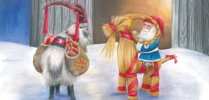 Yule Goat glares at the Tomte as he sits on a straw yule goat