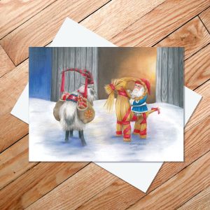 Card of Swedish Yule Goat glaring at the Tomte as he sits on a straw yule goat
