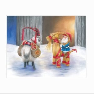 Yule Goat glares at Tomte as he sits on a straw yule goat