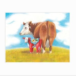 giclee print of hereford cow with dala calf
