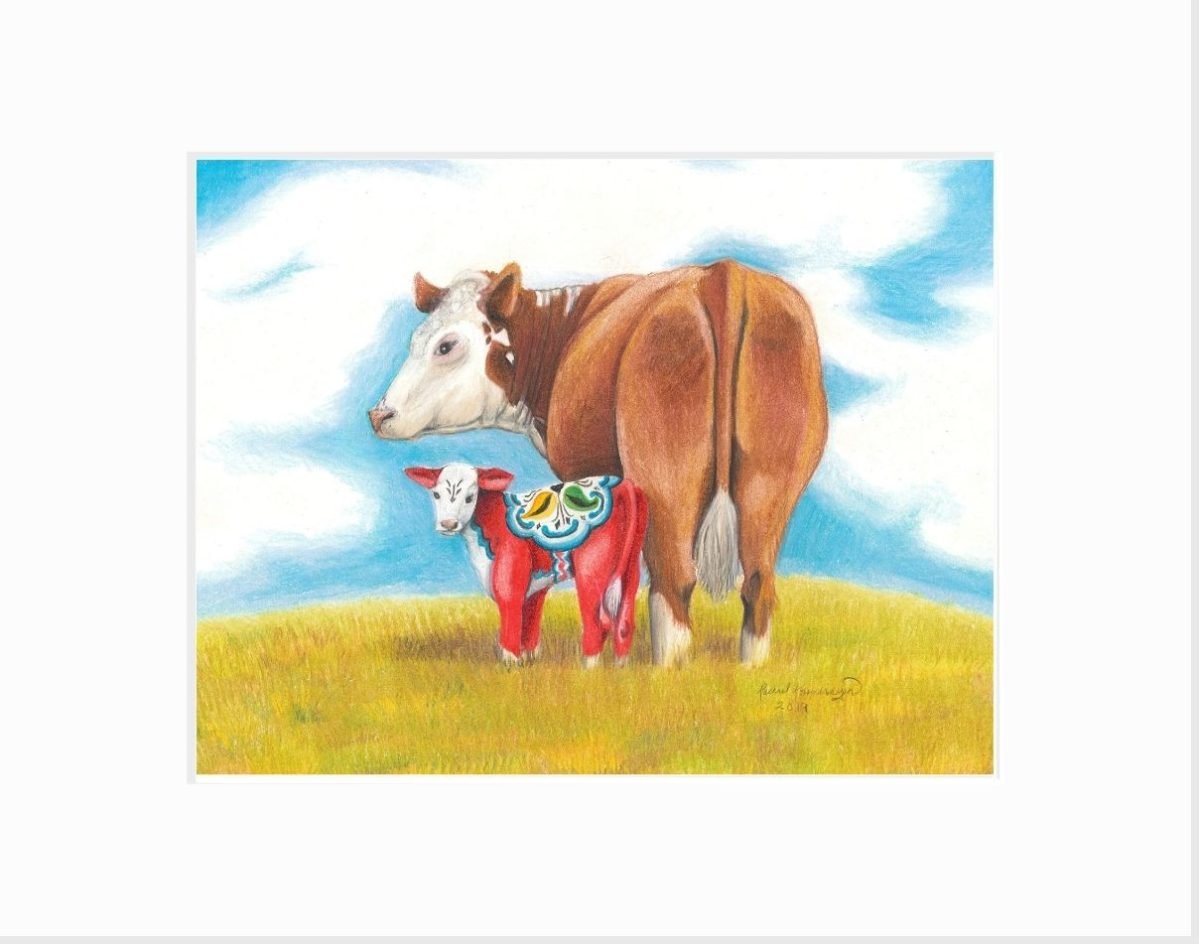 giclee print of hereford cow with dala calf