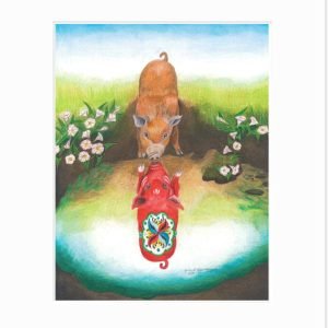 Giclee print of a pig gazing at his painted dala pig reflection in a mud hole