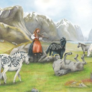 Young woman in Norwegian bunad plays Hardanger fiddle for Norwegian Fjord and Dala horses