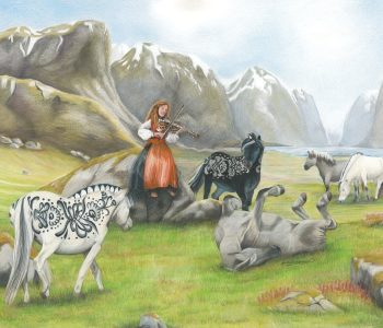 Young woman in Norwegian bunad plays Hardanger fiddle for Norwegian Fjord and Dala horses