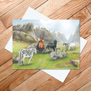 Greeting card of young woman playing Hardanger fiddle for a herd of Norwegian Fjord and Dala Horses