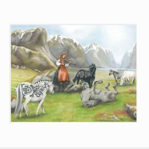 Giclee print of young Norwegian woman playing Hardanger fiddle for a herd of Norwegian Fjord and Dala Horses