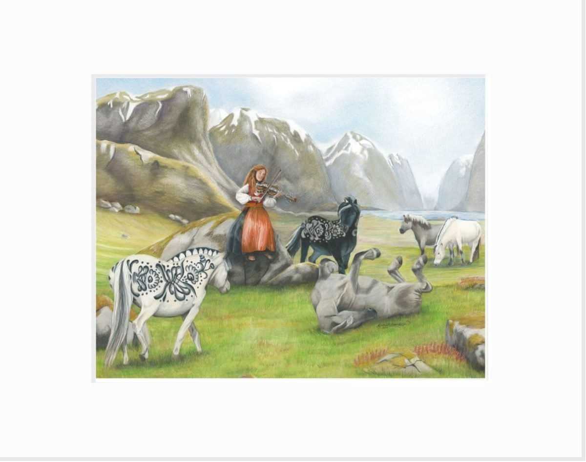 Giclee print of young Norwegian woman playing Hardanger fiddle for a herd of Norwegian Fjord and Dala Horses